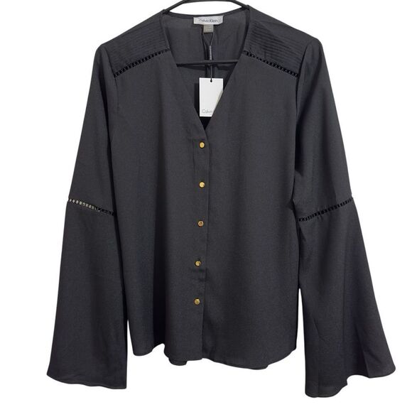 NWT CALVIN KLEIN BOHO MINIMALIST CROSS STITCH BELL SLEEVES‎ BLOUSE SMALL OFFICE - Picture 2 of 14